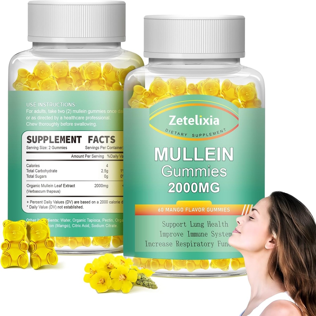 2 Pack Mullein Gummies - Mullein Leaf Extract for Lungs, Lung Detox ניקויse עבור מעשנים, Mullein Lung תמיכה תוספת תמיכה עבור תמיכה החיסון, Mucus הקלה, 120 סוכר חינם חניכיים טבעוניות