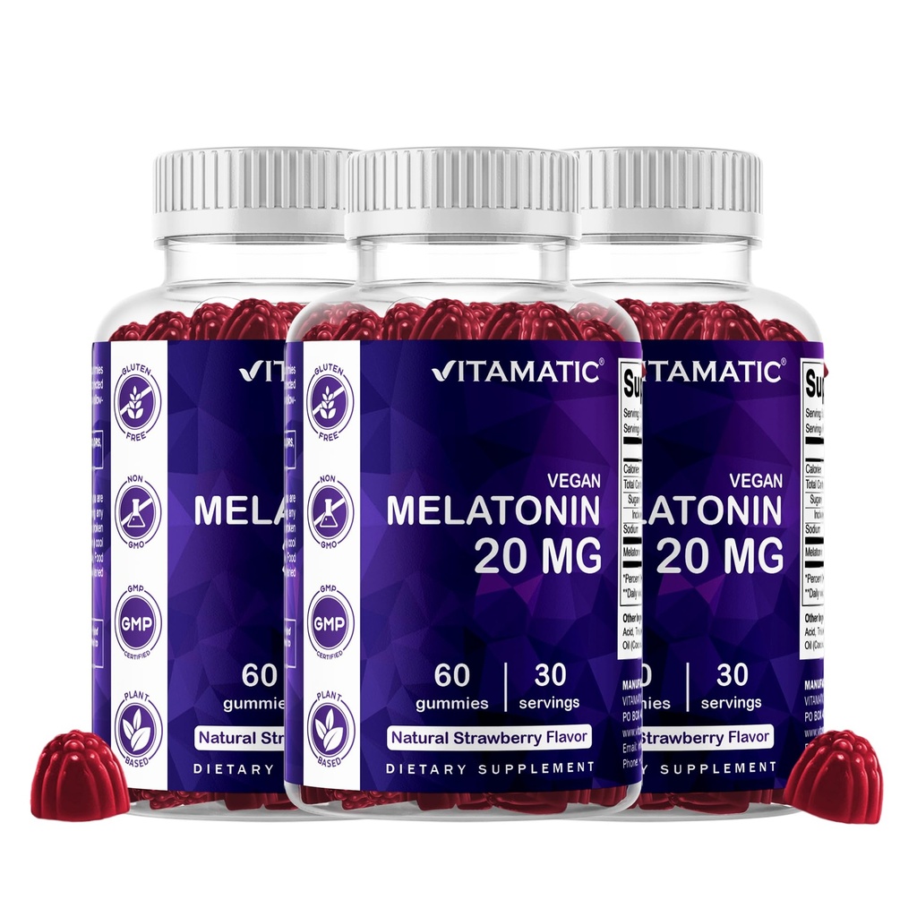 Vitamatic Melatonin 20 מ"ג חניכיים למבוגרים, 30 משרתים - 60 חניכיים צמחוניות - Non-Habit Forming תוסף