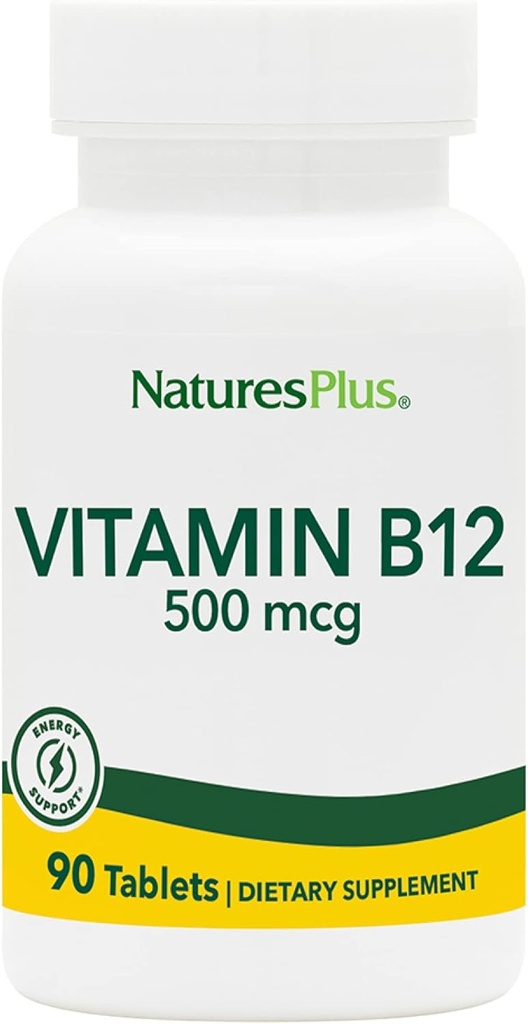 Natures Plus ויטמין B12 (Methylcobalamin) - 500 mcg, 90 טבליות צמחוניות - תמיכה גבוהה תאי דם אדומים - אנרגיה טבעית Booster, מקדם בריאות כוללת - Gluten-Free - 90 משרתים