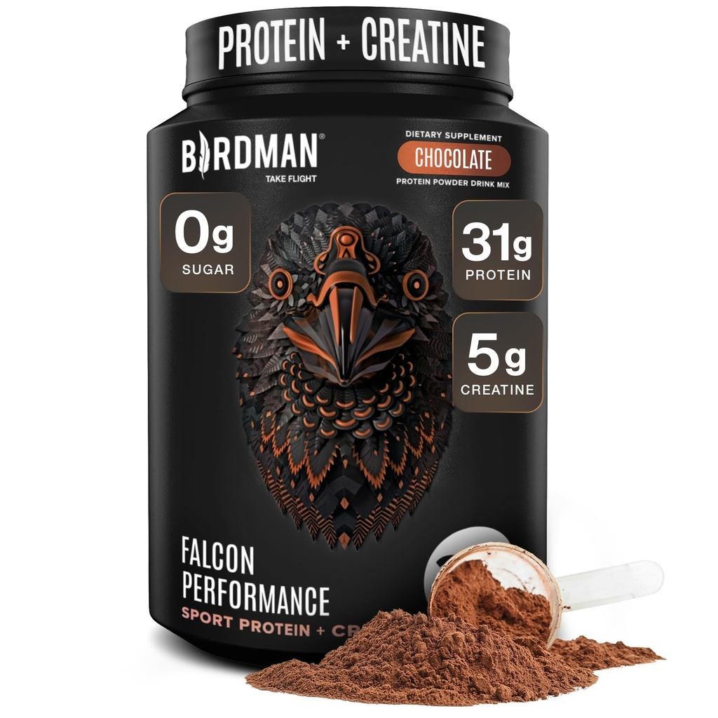 אבקת חלבון טבעוני של Birdman Falcon, 31g חלבון, 5g Creatine, 5g BCAA, Probiotics, Electrolytes, Pre Workout, Low Carb, Sugar Free & Milk Free, Plant Based Chocolate Protein -19 משרת חלבונים
