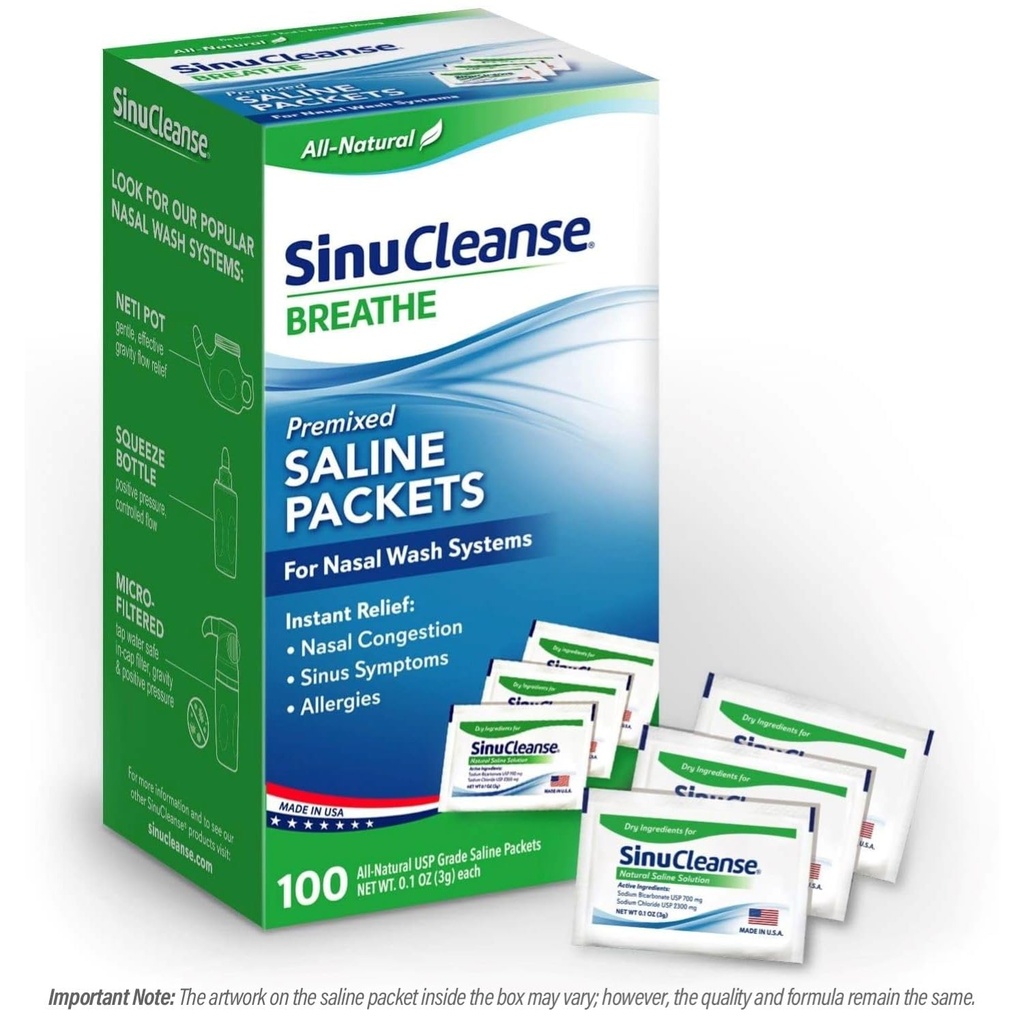 SinuCleanse Pre-Mixed Saline Packets for Sinus Rinse and Nasal Irrigation Systems, 100 Count, Made in USA, All-Natural, פרמצבטיקה ו- PH Balancedd