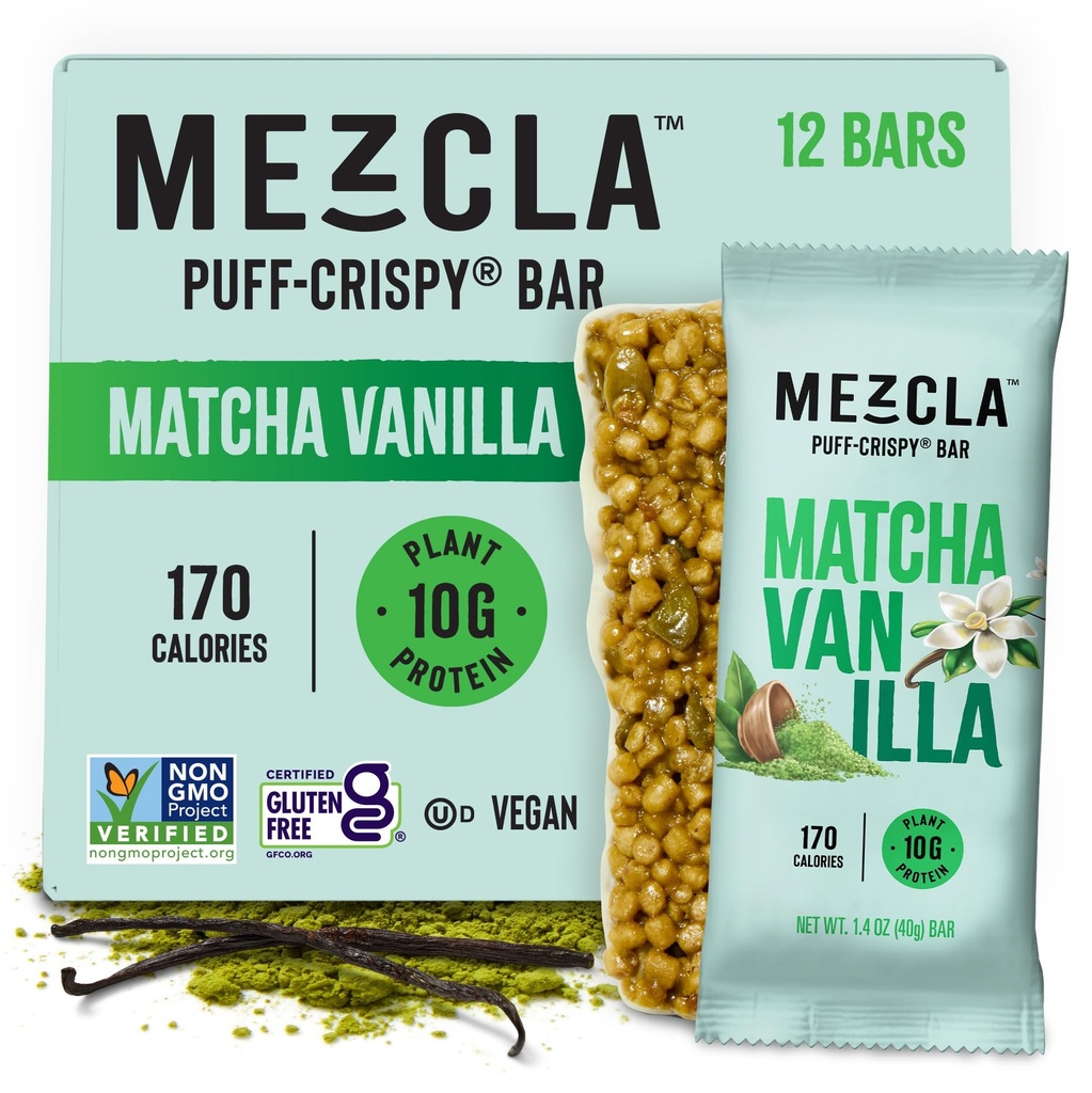 Mezcla Puff Crispy חלבונים Bars, Gluten חינם & טבעוני חלבונים Bars, 10g חלבון, אלט עבור קריספי רייס טיפול, גרנולה Bars & Breakfast Bars, חטיפים בריאים למבוגרים, Matcha Vanilla, 12 Pack
