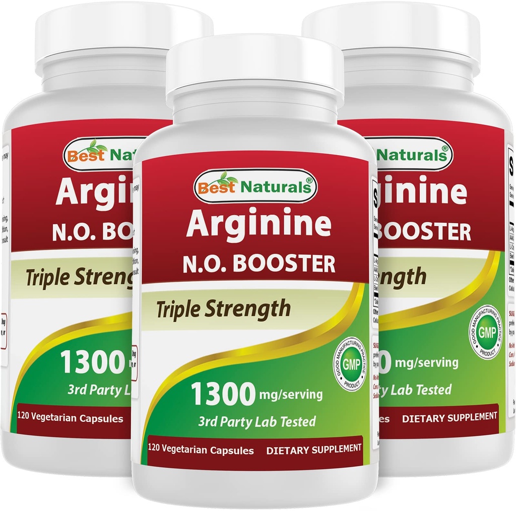Best Naturals L-Arginine No Booster Triple Power 1300 מ"ג משרת 120 קפסולות Veg (120 Count (Pack of 3)