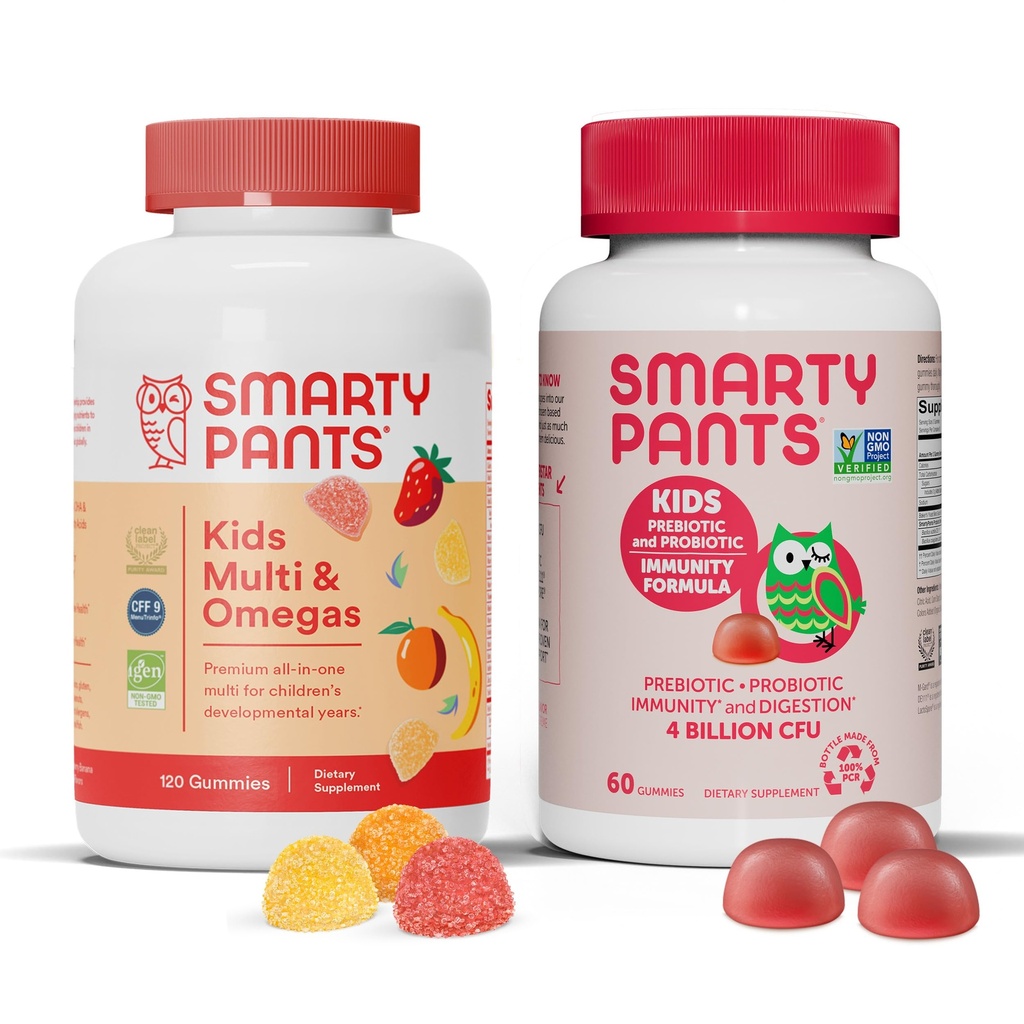 SmartyPants Kids Multivitamin Gummies ו Probiotic Immunity Bundle: אומגה 3 שמן דגים (EPA / DHA), ויטמין D3, C, ויטמין B12, B6, Digestive & Immune תוספת תמיכה (30 יום אספקה)