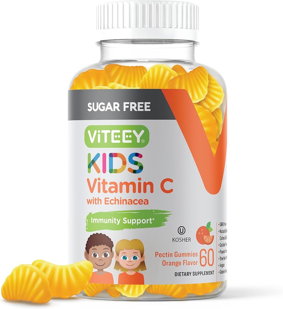 Viteey Kids ויטמין Cmies 75 מ"ג, עם Echinacea - סוכר חינם - Immune Support for Toddlers, & Teens - טבעוני, Gelatin חינם, Gluten Free, GMO חינם - Tasty Orange Flavored Kids Immunity Gummymyity Gummymyity Gummyity
