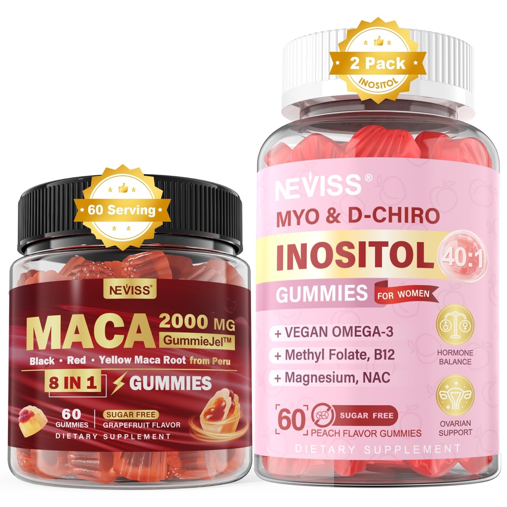 NEVISS סוכר חינם 1Pack Maca Root מלא חניכיים ו 2Pack Myo-Inositol & D-Chiro Inositol חניכיים