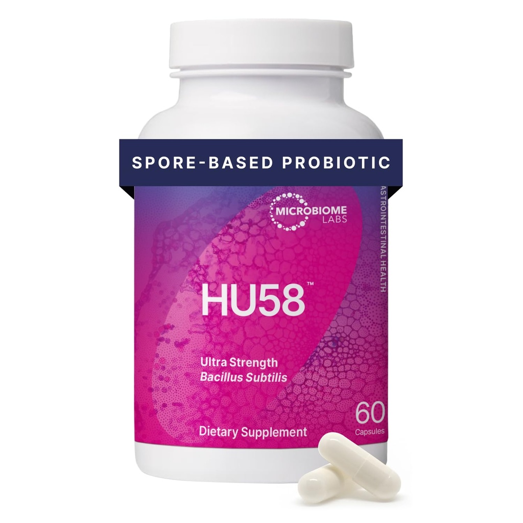 Microbiome Labs HU58 Bacillus Subtilis Probiotics for Women and Men - High Potency Spore Probiotic for Digestive Health & Immune Support - קפסולות יומיות עם 10 מיליארד CFU (60 קפסולות)