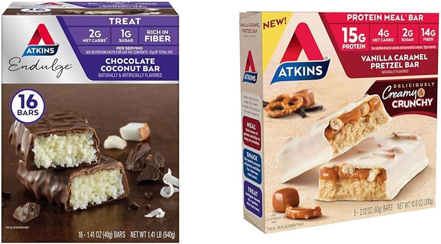 Atkins שוקולד קוקוס Bar 16 Count, Vanilla Karamel Pretzel חלבונים Meal Bar 5 Count