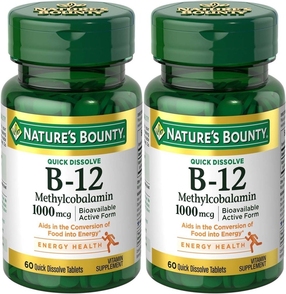 Natures Bounty Methyhydrobalamin B12 Microlozenge Tablet, 1000 mcg, 120 Count, 60 Count (Pack of 2)