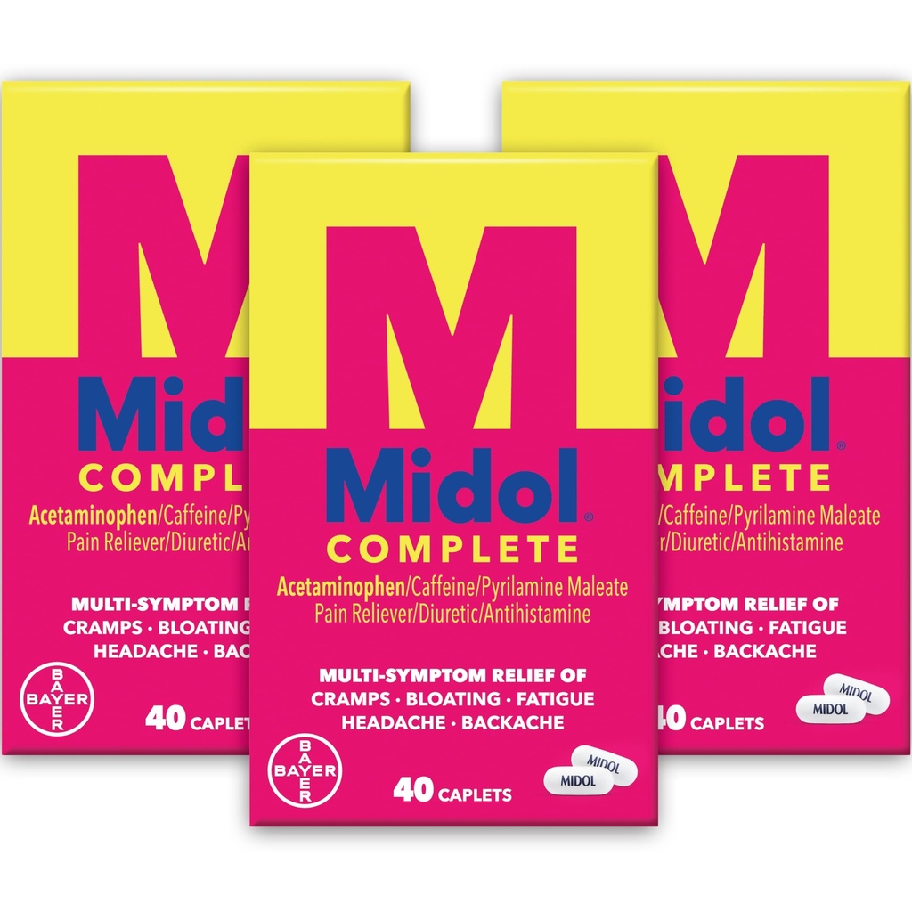 Midol Complete Menstrual Pain Caplets with Acetaminophen for period Cramps, and Menstrual Symptom Relief - 40 Count (Pack of 3) (Packing May Vary)