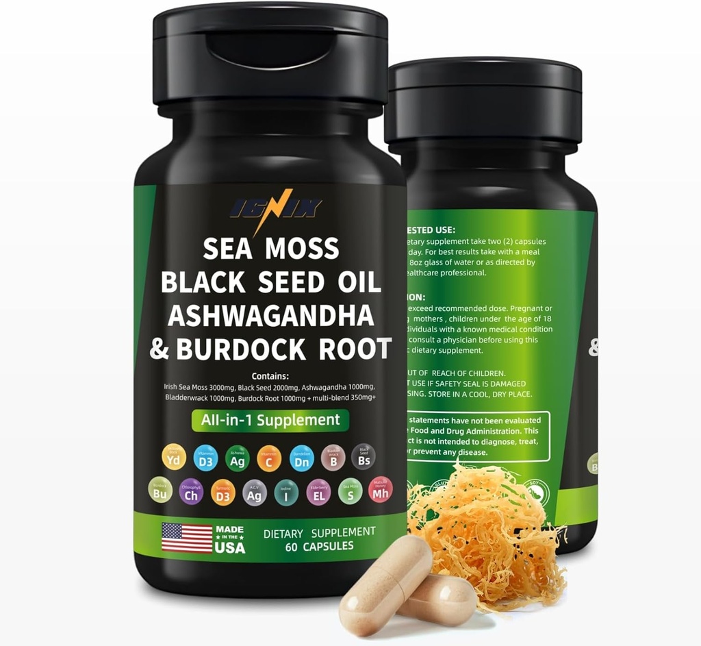 IGNIX Dietary Supplement with Sea Mosss, Black Seed Oil, Ashwagandha, Burdock Root-Irish Sea Mos 3000mg, Black Seed 2000mg, Ashwagandha 1000mg, Bladderwrack 1000 מ"ג, Burdock 1000 מ"ג.