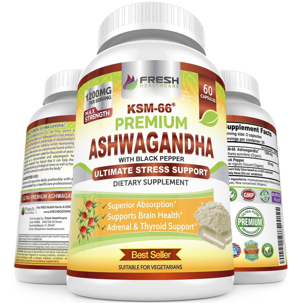 FRESHALTHCARE Ashwagandha קפסולות KSM-66 1200 מ"ג פריץ שורש טהור עם Black Pepper עבור Absorption גבוה - תוספי אשוגנדה פוטנט - 60 קפסולות טבעוניות