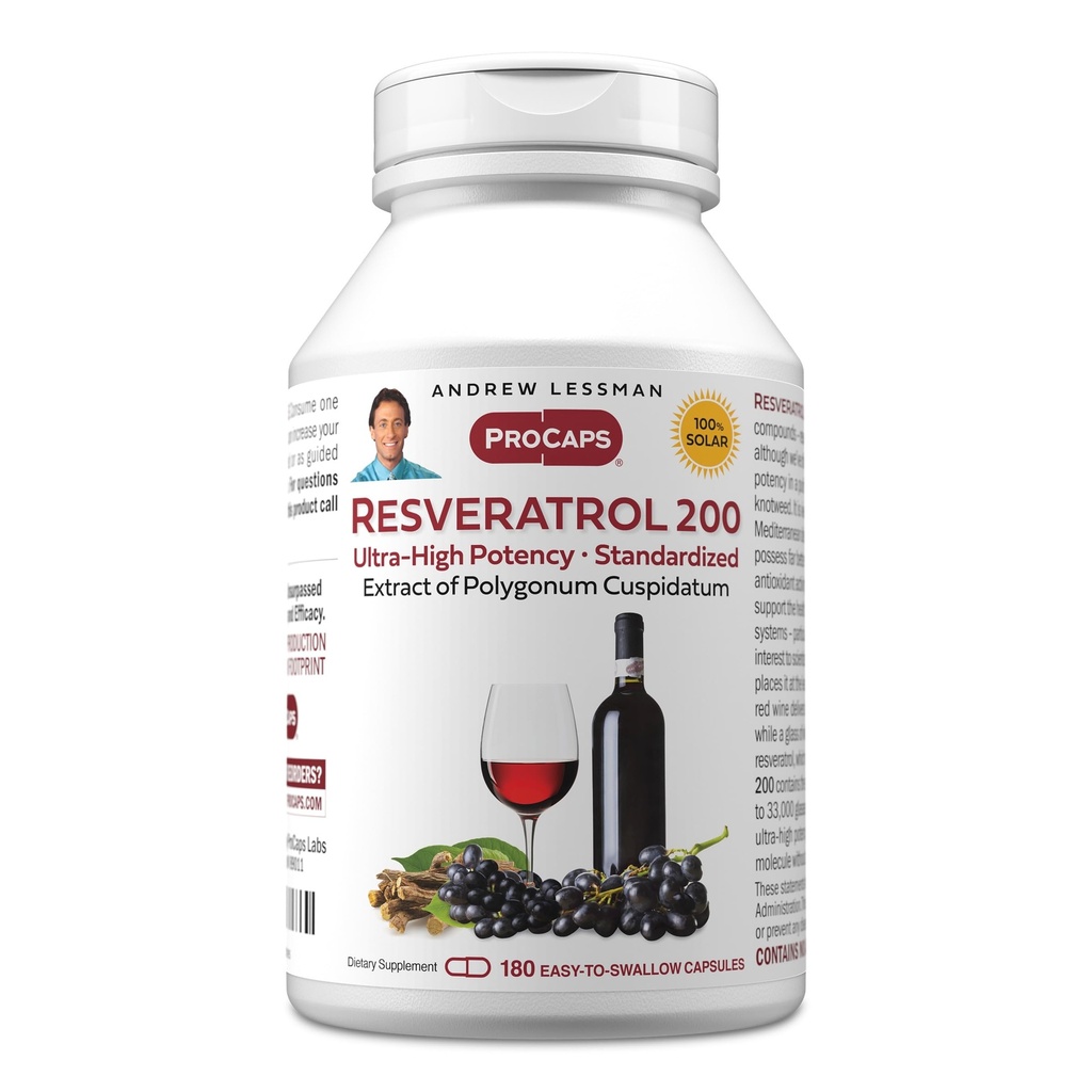 ANDREW LESSMAN Resveratrol-200 מ"ג - 180 קפסולות - Beneficial של יין אדום, באופן טבעי לא מזיק, ללא אלכוהול. תוספת חינם