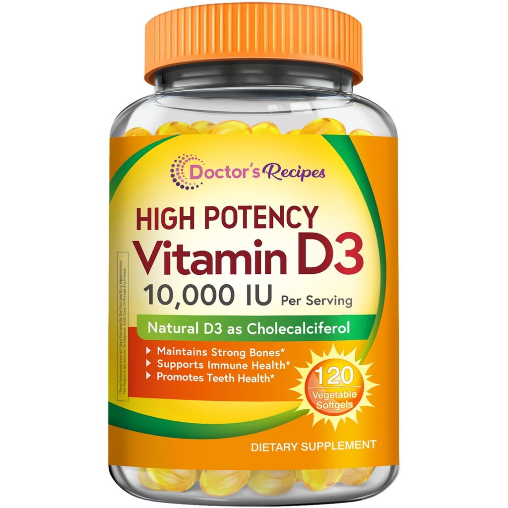 המתכונים של הדוקטור ויטמין D3 10000 IU, Bones, שיניים ו- Immune Support, non-GMO, No Gelatin, Gluten or Soy, 120 Vegetarian Softgels