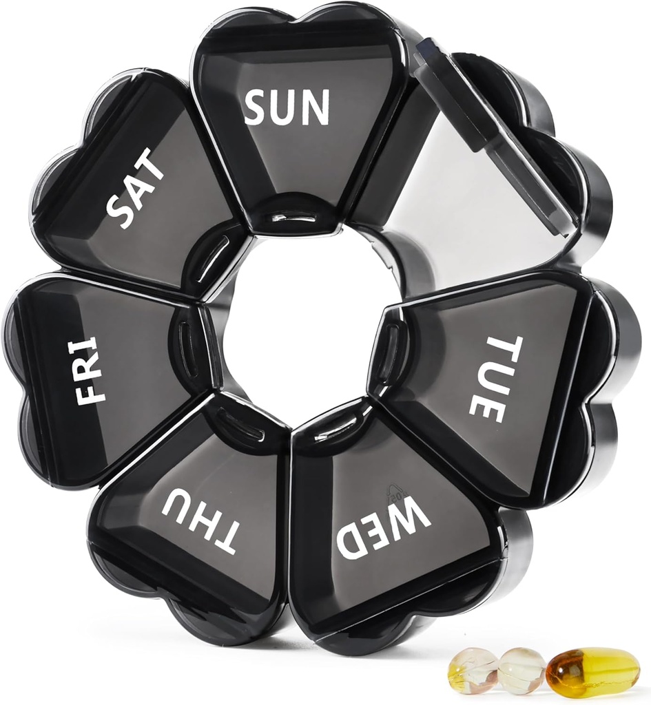 MOLN HYMY Large Pill מארגנת 7 יום, Pretty Weekly Pill Box Case, Sweet Girly Medicine Dispenser Container for ויטמין, Gummy, תרופות, תוסף (שחור)