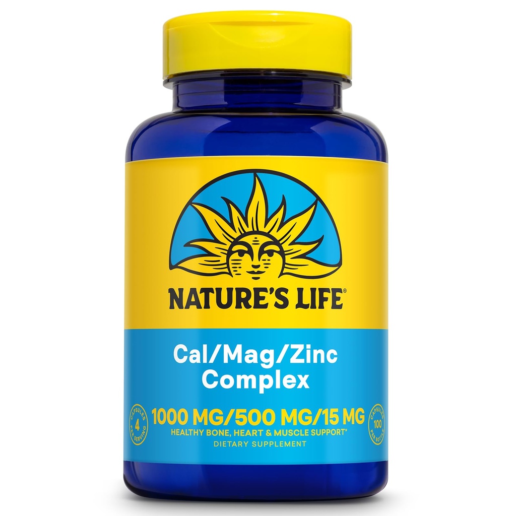 NATURE'S Life Cal Mag Zinc Complex 1000 מ"ג / 500 מ"ג / 15 מ"ג - Calcium Magnesium Zinc תוסף W/Vitamin D ו Boron - Bone Health, שריר ותמיכה בריאות הלב, 60 יום ערבות, 25 משרת, 100 Capsium Zinc