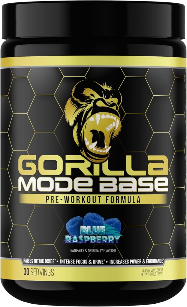 Gorilla Mind Base Pre Workout - Raises Nitric Oxide Intense Focus & Drive Endurance Power - L-Citrulline, L-Tyrosine, Betaine, Alpha-GPC, Caffeine, Huperzine A - 360 גרמות (כחול)