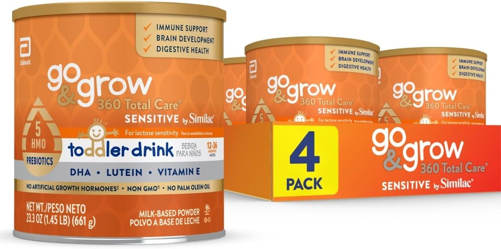 Go & Grow 360 Total Care Sensitive by Similac טומל משקאות עם 5 HMOs, אבקה, 23.3-oz יכול, Pack של 4