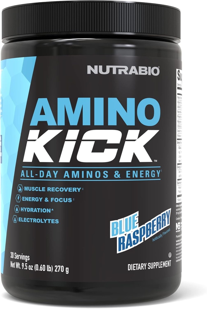 NutraBio Amino Kick - אבקת BCAA עם Caffeine טבעי - Amino Acids תוספת עבור אנרגיה, הידרציה ושיקום - BCAAs, אלקטרוליטים ו Amino Acids - Blue Raspberry, 30 משרתים