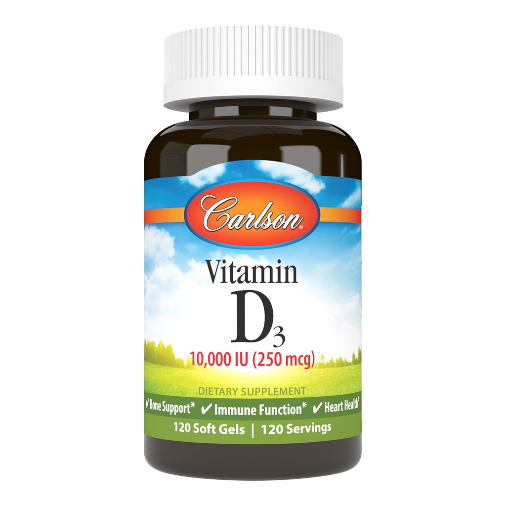קרלסון - ויטמין D3, 10000 IU (250 mcg), ויטמין D תוספי מזון, העצם & Immune תמיכה, ויטמין D3 Softgels, Heart Health, Gluten Free ויטמין D כמוסות, 120 Softgels