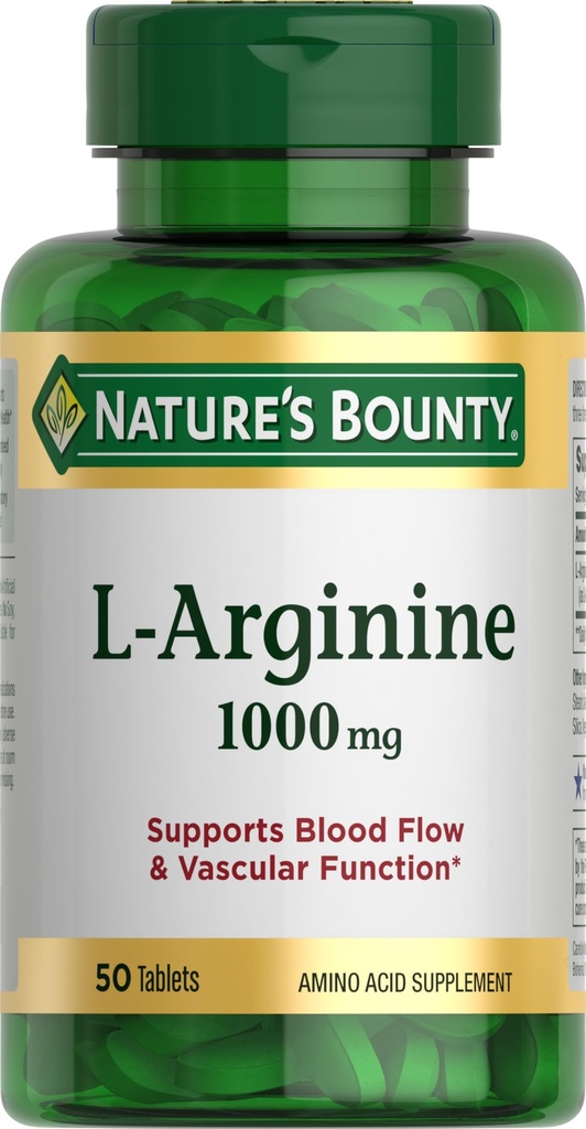 Nature's Bounty L-Arginine 1000 מ"ג לתמיכה בזרימת דם ותפקוד אשולרי - Non-GMO, Gluten Free, 50 טבליות