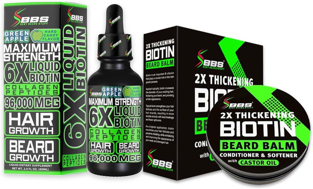Beard Growth Kit W / 2X Thicking Biotin Beard Balm & Mustache Wax + 6X נוזל biotin עם Collagen Peptides לצמיחה שיער הפנים - פורמולה באמריקה