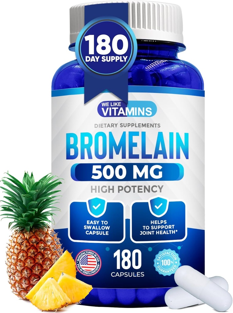אנו אוהבים ויטמינים Bromelain 500 מ"ג קפסולות - 1200 GDU / משרת - תוסף Bromelain מפלט Pineapple - Proteolytic Enzymes for Digestion, Absorption, Joint Pain, השרירים Soreness - 180 קפסולות