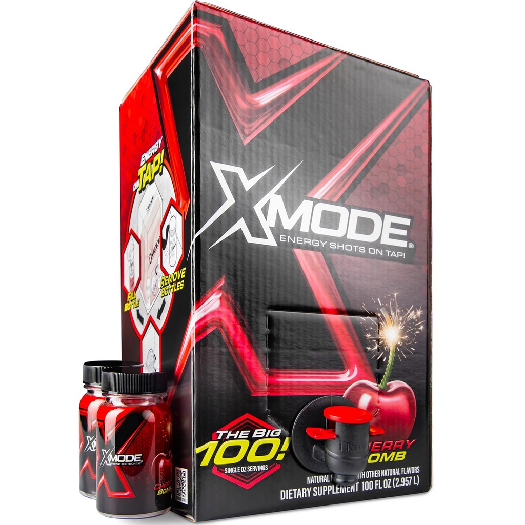 XMODE תוספת אנרגיה כוח יורה על Tap - Cherry Bomb Flavor, סוכר חינם, 150 מ"ג קפאין ל oz, B12, 100 (1oz) משרתים, Dispenser עם 2 בקבוקי Refillable