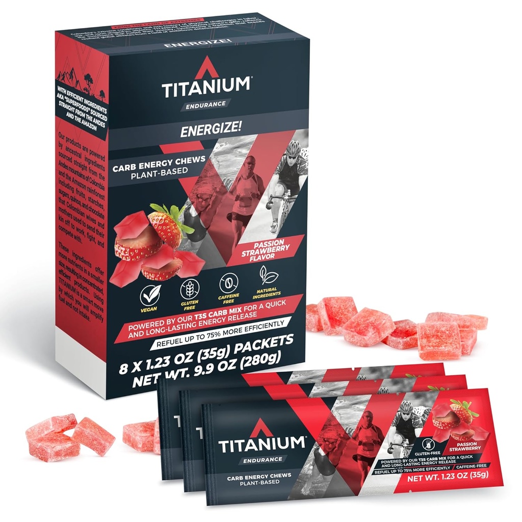 TITANIUM אנרגיה Chews עבור ריצה, Cycling - ייצור טבעי מבוסס צמחי אנרגיה חניכיים כדי Re דלק - תוספי אנרגיה - תוספי אנרגיה - Preworkout חטיף Bloks - מהר יותר מאשר אנרגיה Gels - No Caffeine - 8 הרוזן ספירה