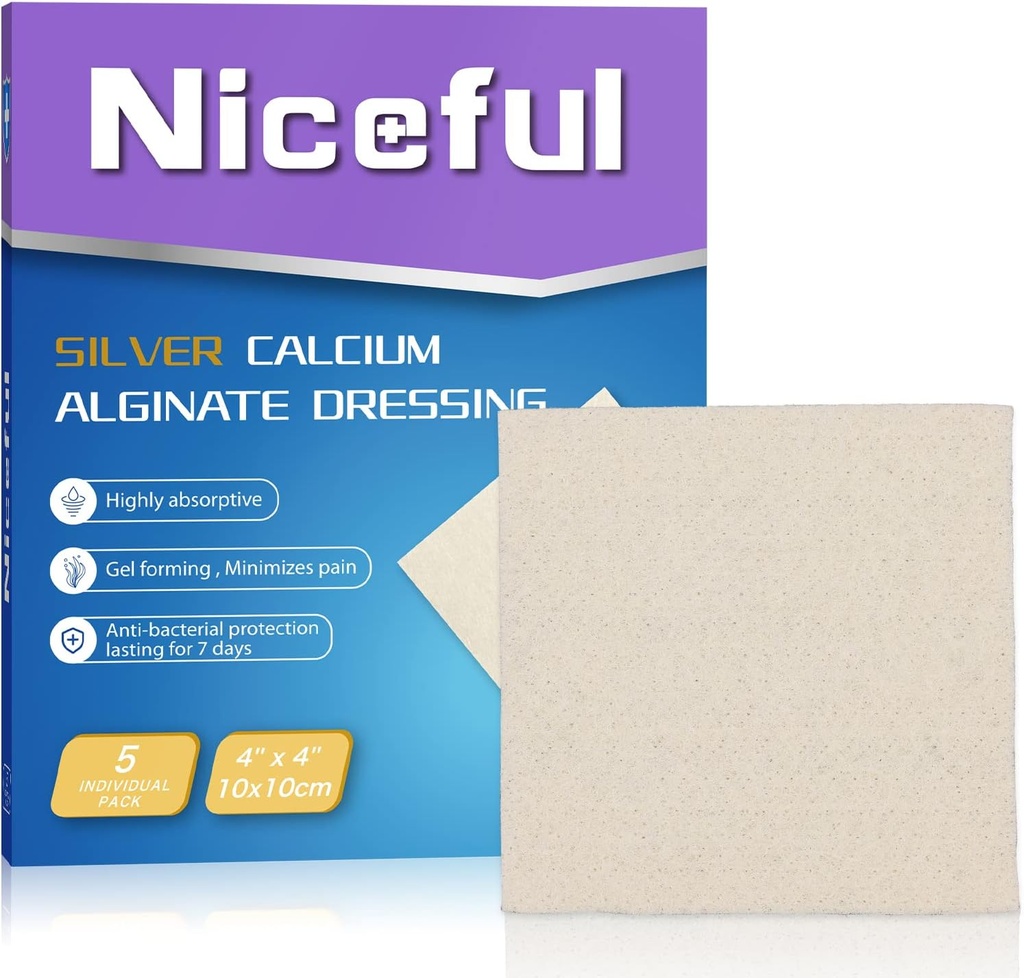 Silver Calcium Wound Dressing 4X4, HSA FSA Eligible, Highly Absorbent Ag Silver Calcium Alginate Wounding Pads Soft, 5 Pcs