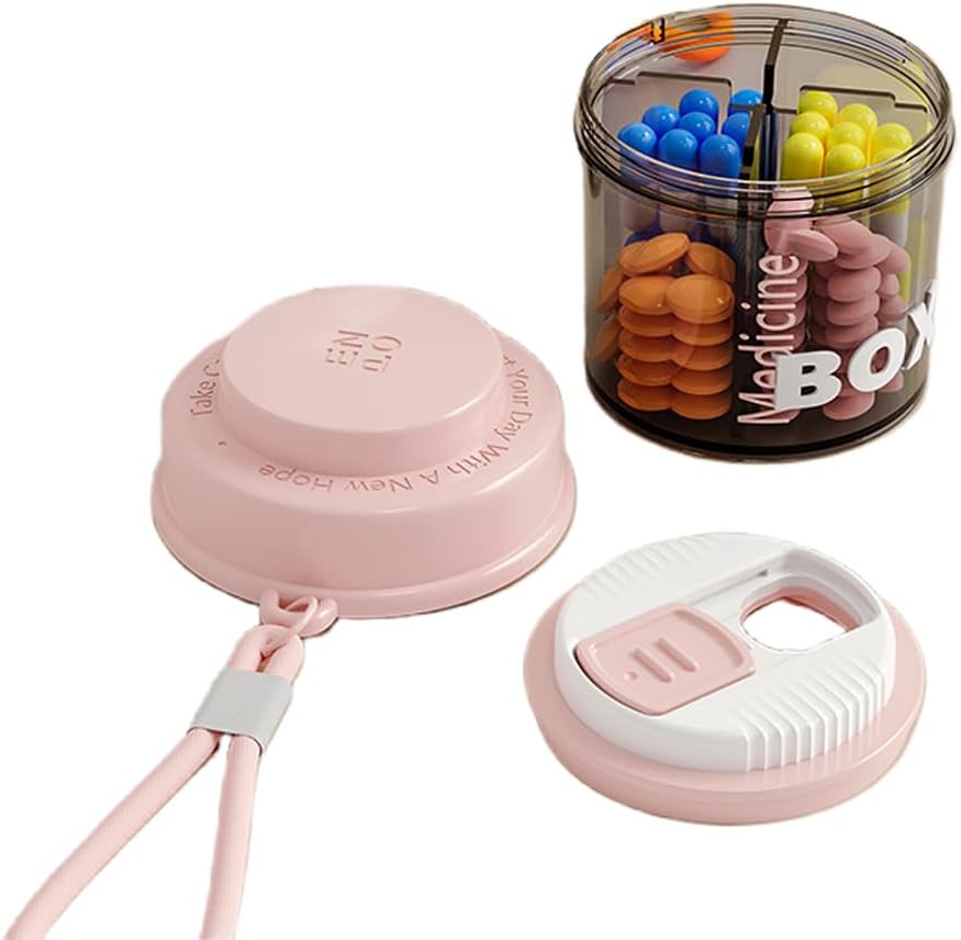 Pink Pill Box for Women Purse, Small Pill Box, Travel Pill Organer, 4 תאים ל- Pill Bottles, Fit in Pocket, Handbag PillPSKer, Travel Pill Case (Pink)