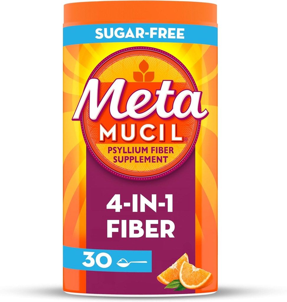 Metamucil 4 ב 1 Daily סיבים אבקה, אבקת סיבים לבריאות עיכול ורגילות*, סוכר חינם, כתום, באופן טבעי מקור Psyllium סיבים, 30 תהפוונים