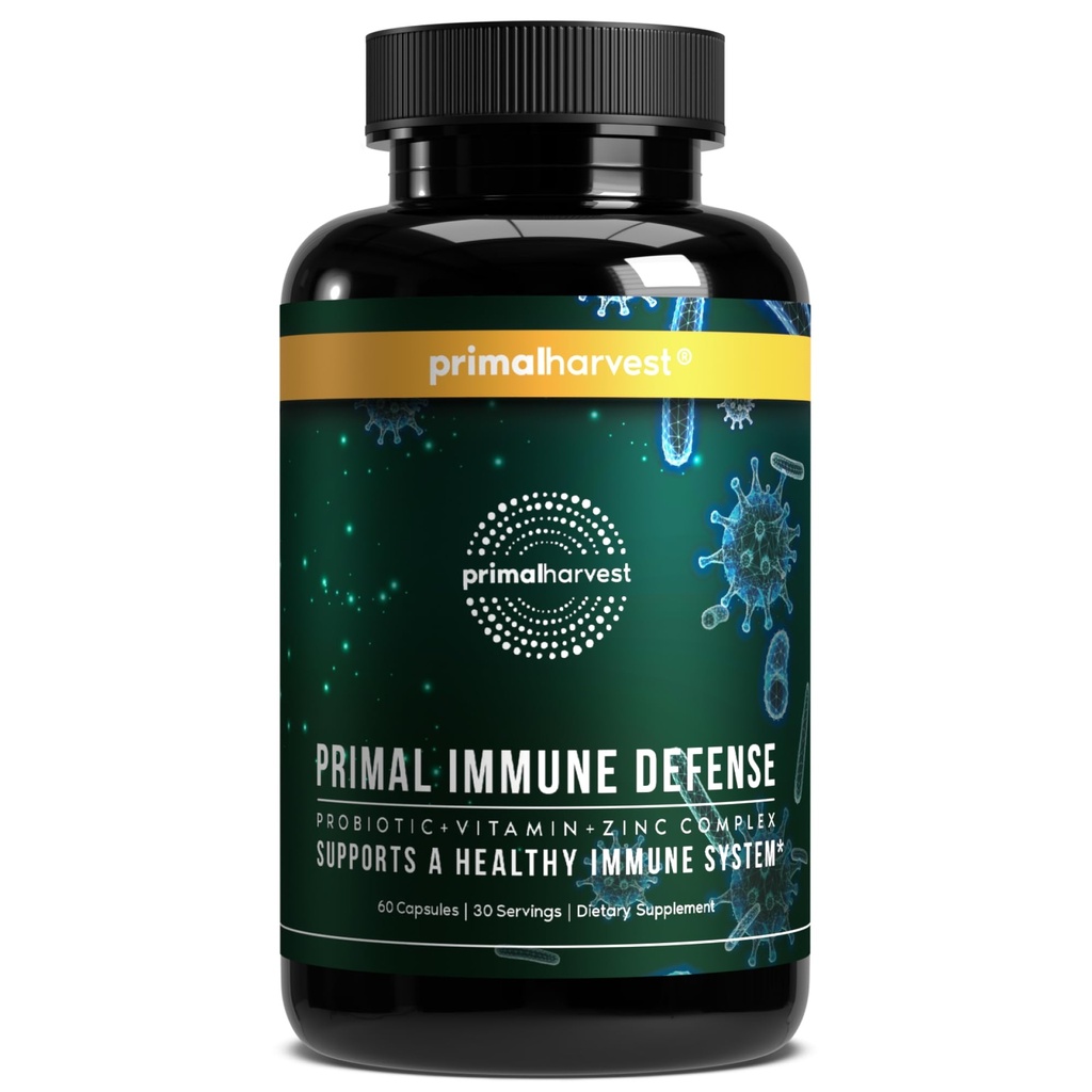Primal Harvest Primal Immune Defense 10in-1 Immune תוספת: עם 7 מיליארד CFU Probiotics, Zinc, ויטמין C, B6, D3, K2 - Imm Boosters עבור 60 קפסולות למבוגרים (1 Pack)