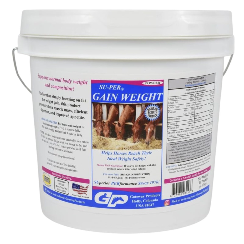 SU-PER Gain Weight for Horses - Equine Supplement Weight Gainer for Horses - Promotes Lean Muscle Mass, Digestion & Appetite - 10 Pound, 1 Month Supply