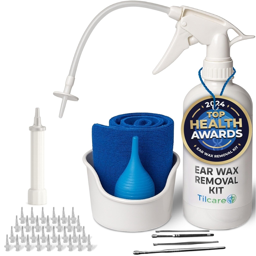 אוזן Wax Removal Tool על ידי Tilcare - מערכת השקיה של אוזניים עבור מבוגרים וילדים - מסך ניקוי אוזניים מושלם - כולל אגן, Syringe, Curette Kit, towel ו 30 טיפים בלתי אפשריים