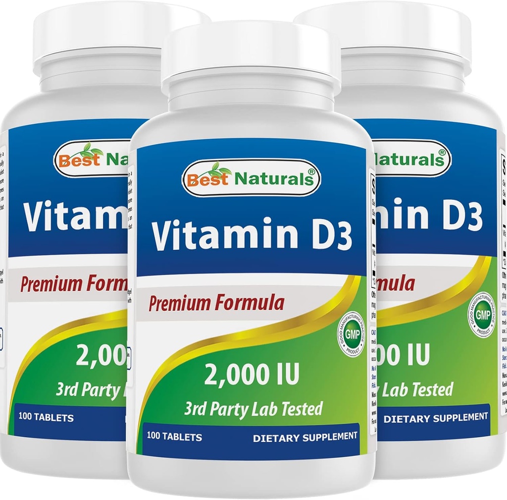 Best Naturals ויטמין D3 2000 IU (50 mcg) - 100 טבליות - 100 ימים אספקה - מסייע לתמוך בבריאות החיסון, עצמות חזקות ושיניים, ותפקוד שרירים (100 (Pack of 3))