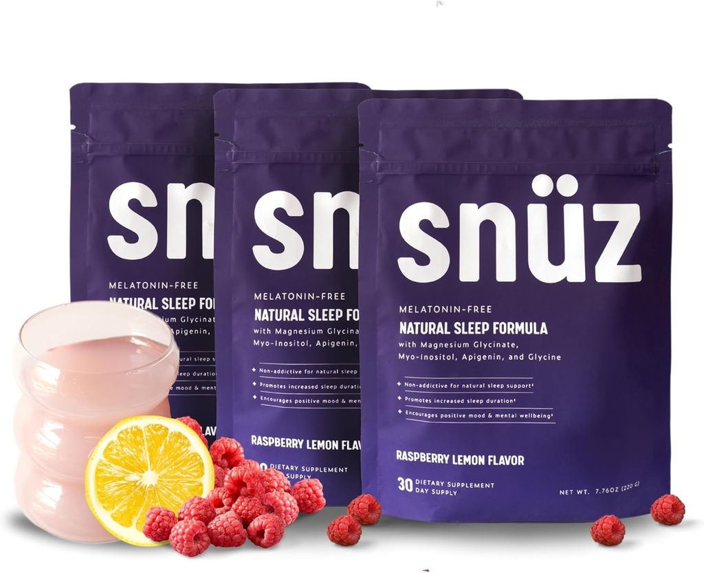 Snüz Natural Sleep תוסף עם Magnesium Glycinate, Myo-Inositol, Apigenin & Glycine, Melatonin חינם, Sleep Aid for Adults, Non GMO, Gluten Free, טבעוני, Raspberry Lemon Flavor, 90 Svgs