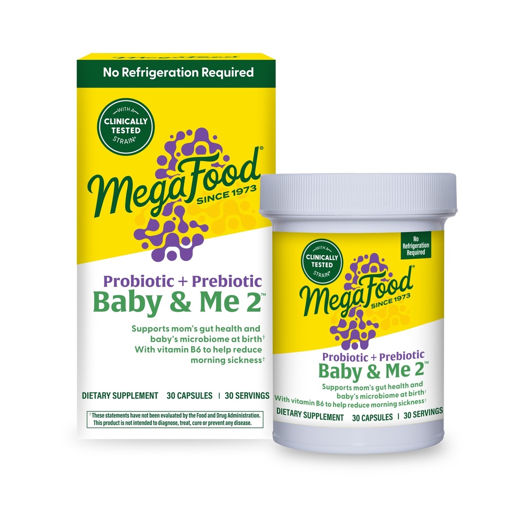 Mega Food Baby & Me 2 Prenatal Probiotic, Vegetarian Pregnancy Prebiotics ו Probiotics לנשים, Digestive Health & Immune תמיכה עם ויטמין B6 עבור טיפול בחולים בוקר, 30 קפסולות