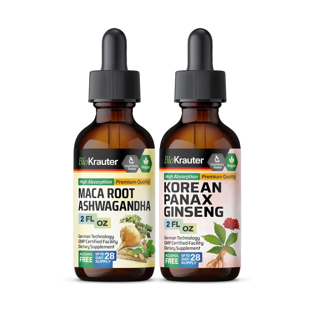 BIO KRAUTER Maca Root Ashwagandha Tincture 2 Fl. Oz. & Panax גיינסנג Tincture 2 Fl. Oz.