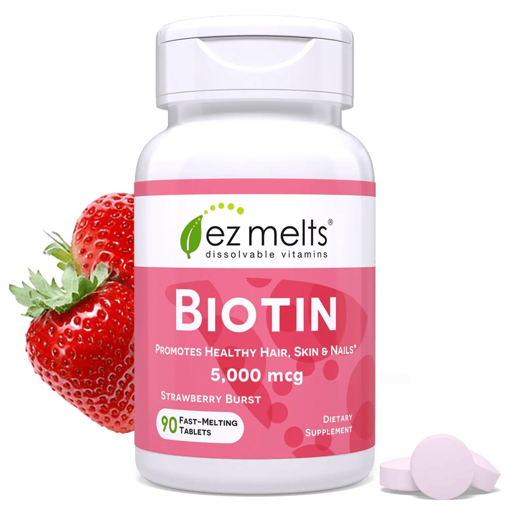 EZ Melts Dissolvable Biotin 5,000 mcg, שיער, Skin & Nail Support, Sugar-Free, 3Month Supply - 1 Pack