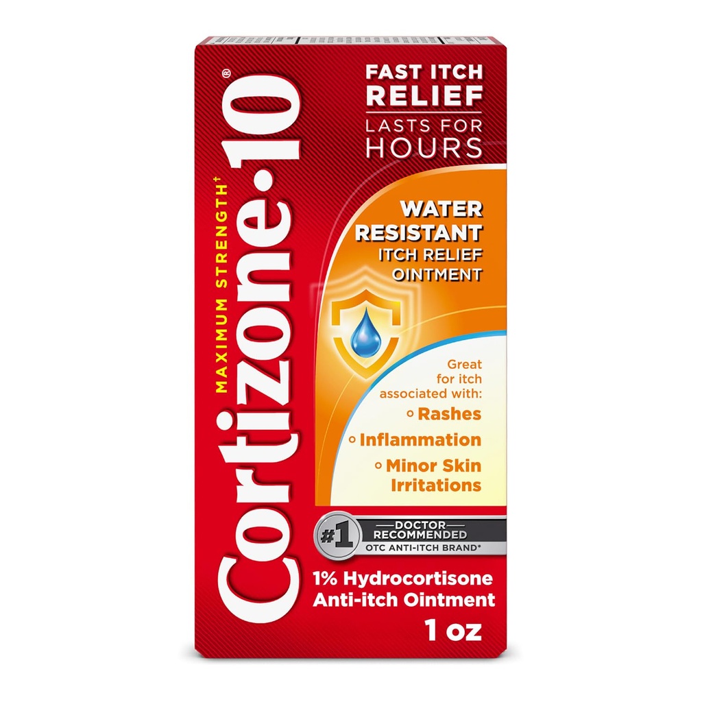 קורטיזון 10 כוח מקסימלי מים Resistant Itch הקלה Ointment, 1% הידרוקורטיזון, Fast-Acting, Anti-Itch Cream for Bag Bites, Rash, Eczema, Psoriasis, הרעל Ivy, Oak, Sumac & More, 1 oz