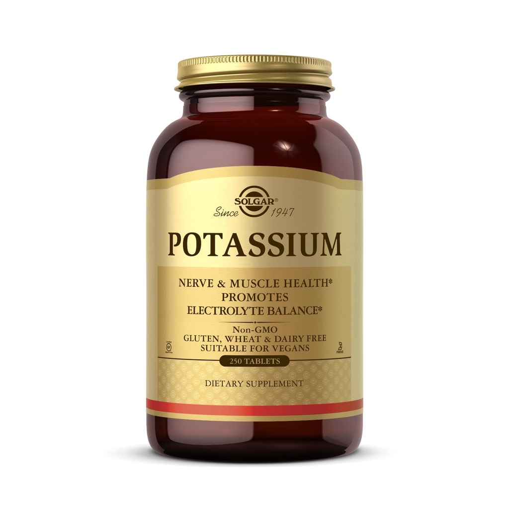 Solgar Potassium - 250 טבליות - Nerve & שריר בריאות, מקדם אלקטרוליטזון - טבעוני, Gluten & חלב חינם, כשר - 250 משרתים