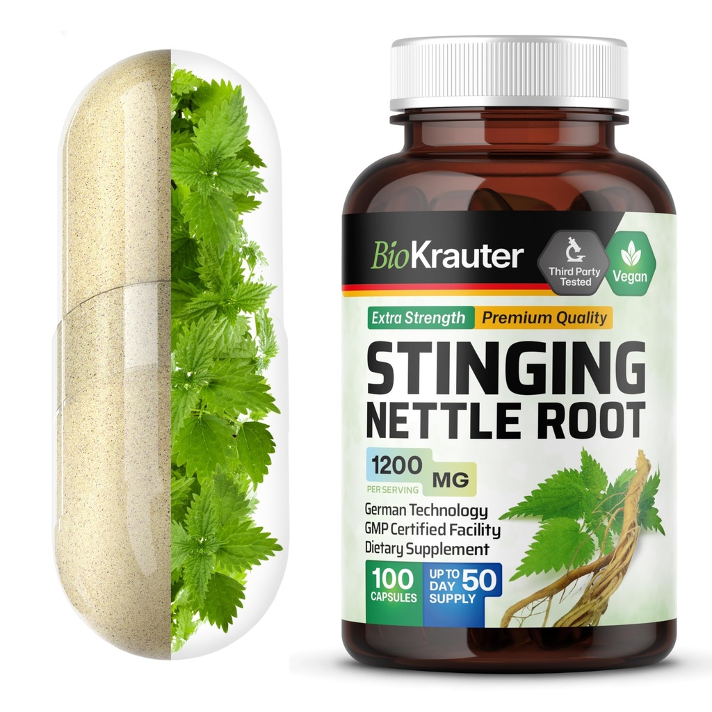 BIO KRAUTER Sting Nettle קפסולות 1200 מ"ג - 100 Natural Urinary Tract & Total Support Caps - Nettle Rootאבק (Urtica Dioica)
