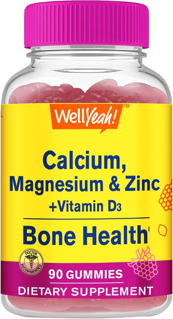 Calcium, Magnesium, Zinc + ויטמין D3 חניכיים על ידי Wellכן | עצמות, שריר ותמיכה בריאות עצבית, תמיכה במזל | עבור גברים ונשים |ten Free, non GMO | Raspberry Flavor