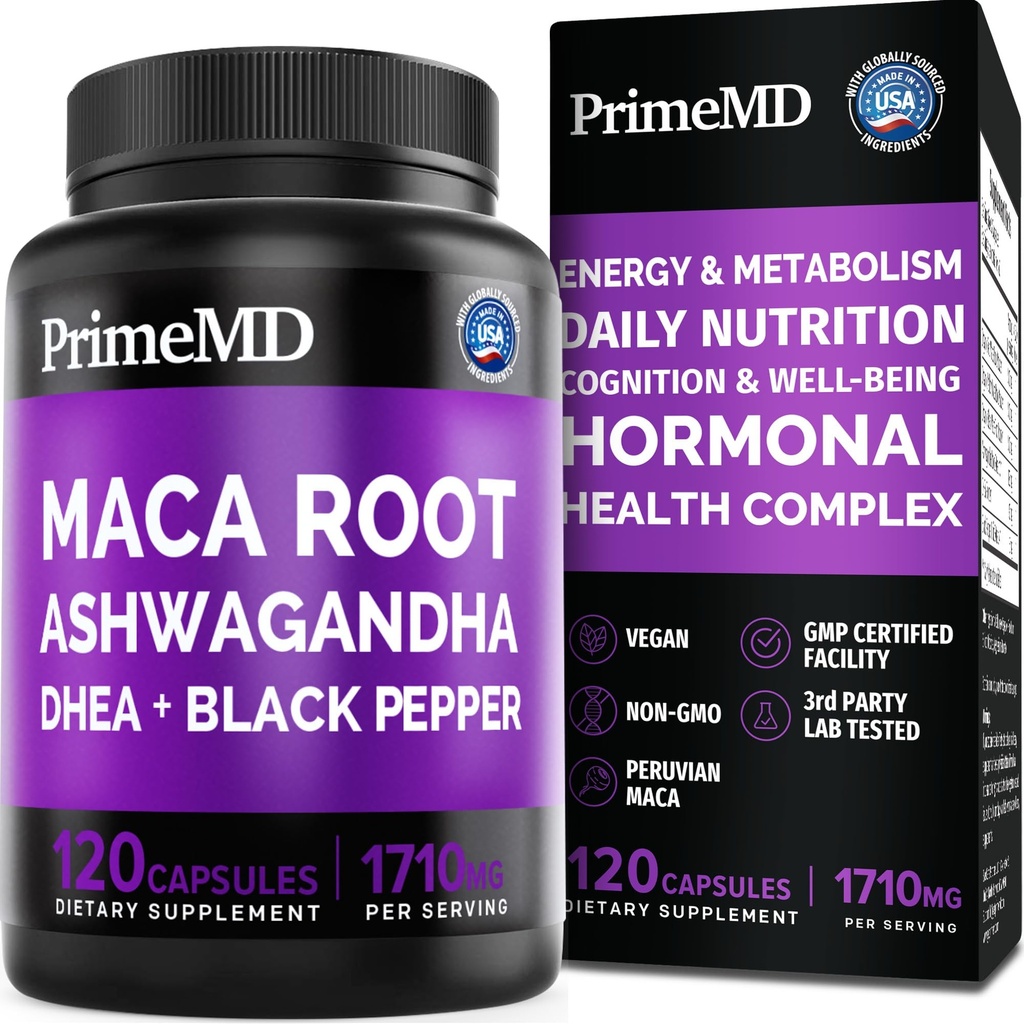6-in-1 אורגני Maca Root Ashwagandha קפסולות 1710 מ"ג עם DHEA ו Black Pepper פירות לחלץ לנשים וגברים - Black Maca תוסף עבור Sta, Bone ו- Mood Support, 120 ספירה