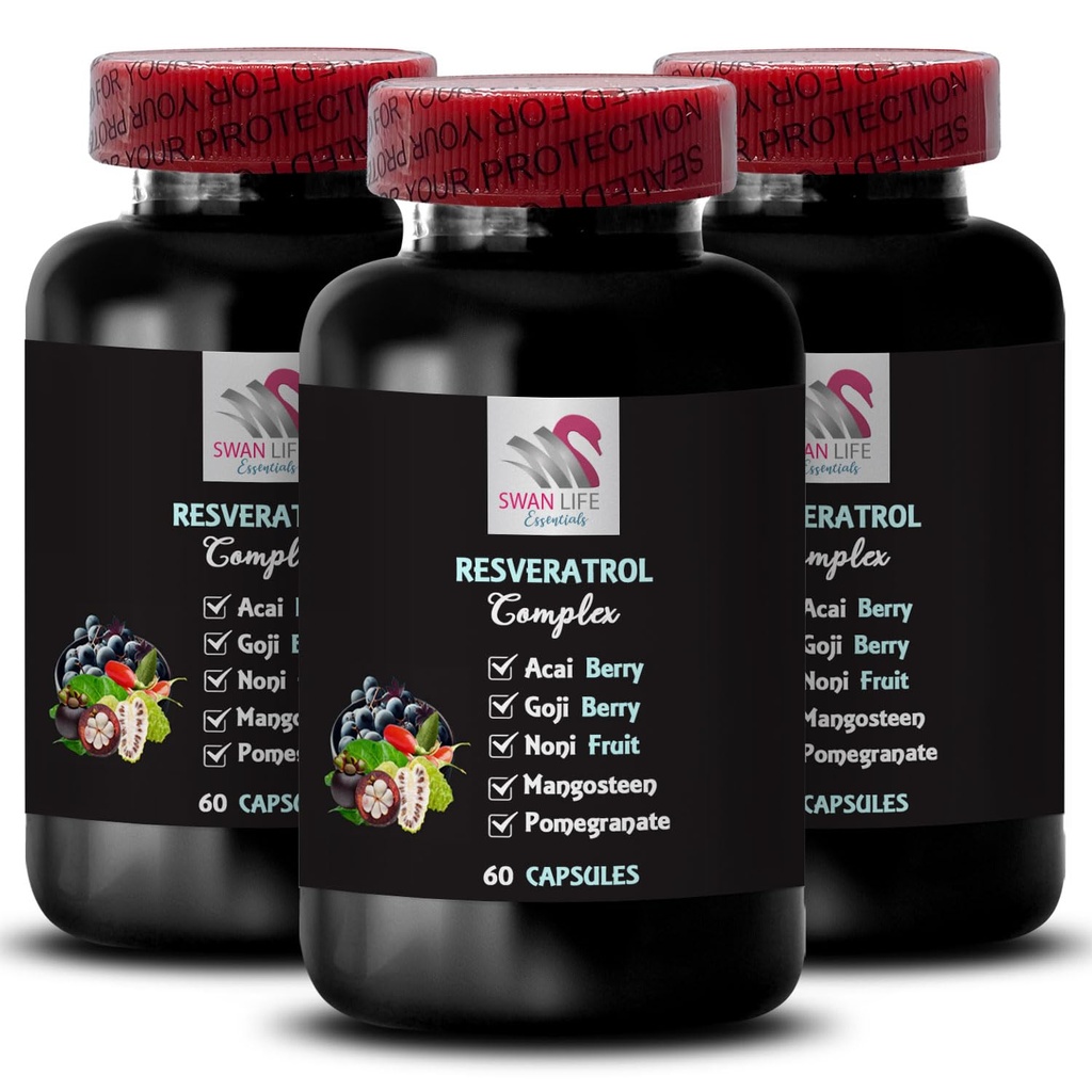 Berry Benefits - RESVERATROL COMLEX - Daily Antioxidants, Acai Berry Strength, Elderberry Boost, Grape Skin Boost, Pomegranate Energy, Goji Berry Power, Hydration Factor 3 Bottles 180 Capsules