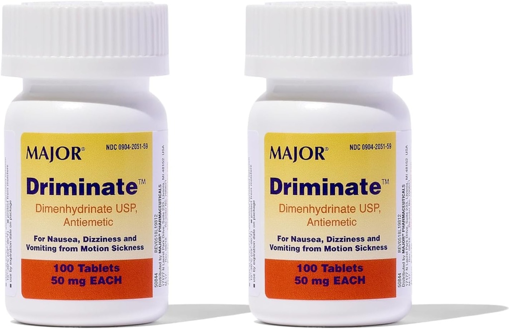 MAJOR Driminate - Dimenhydrinate 50 מ"ג תנועה טבליות - Anti-Nausea רפואה - 100 טבליות (2 Pack)
