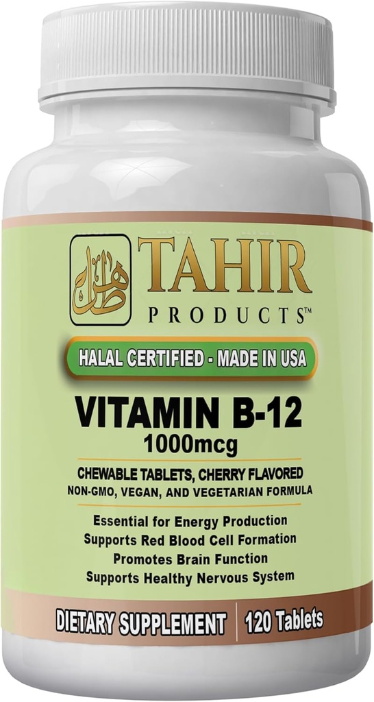 Tahir Halal ויטמין B12 1000mcg: Boosts Energy, Metabolism & Nervous System Health. טבעוני וצמחוני, ללא חלב, 120 טבליות ללעוס. מיוצר בארה"ב - הריאל מוסמך.