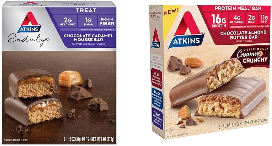 Atkins Endulge שוקולד קארמל מוריס בר, הקינוח האהוב, 1g Sugar, גבוה בסיבים, 5 Count & Chocolate Almond Butter Protein Meal Bar, Keto Friendly, 5 Count