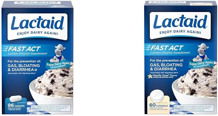 Lactaid Fast Act Lactose Intolerance Caplets with Lactase Enzyme, 96 Count & Fast Act Lactose Intolerance Chewables with Lactase Enzy, Vanilla, Count (Pack of 1)